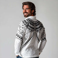 New Zealand Morepork Long Sleeve Polo Shirt Maori Pattern White