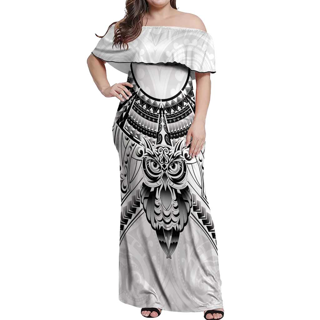 New Zealand Morepork Off Shoulder Maxi Dress Maori Pattern White