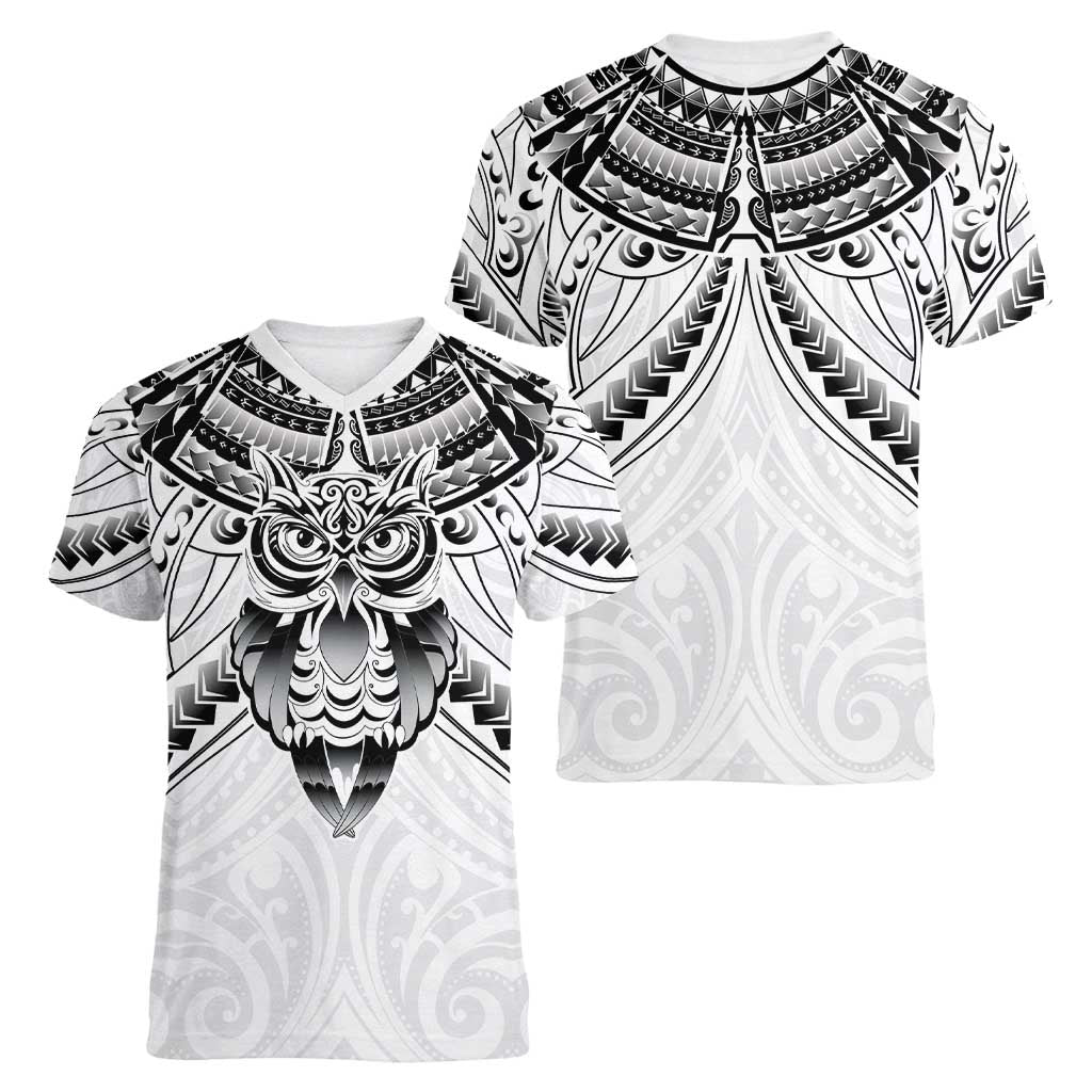 New Zealand Morepork Women V-Neck T-Shirt Maori Pattern White