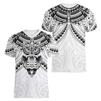 New Zealand Morepork Women V-Neck T-Shirt Maori Pattern White
