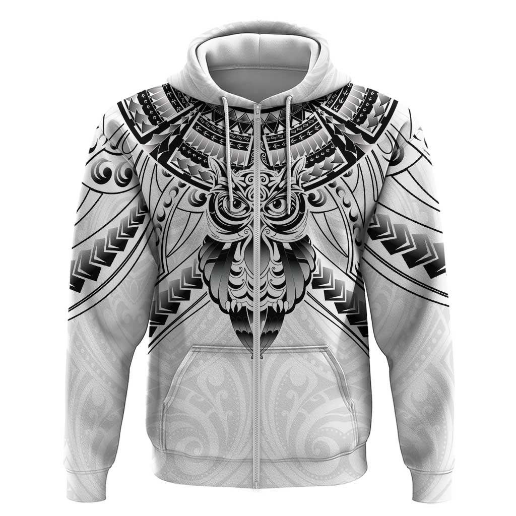New Zealand Morepork Zip Hoodie Maori Pattern White LT05 Zip Hoodie White - Polynesian Pride
