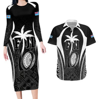 Custom Fiji Rugby Couples Matching Long Sleeve Bodycon Dress and Hawaiian Shirt Fijian Warrior Black LT05 Black - Polynesian Pride