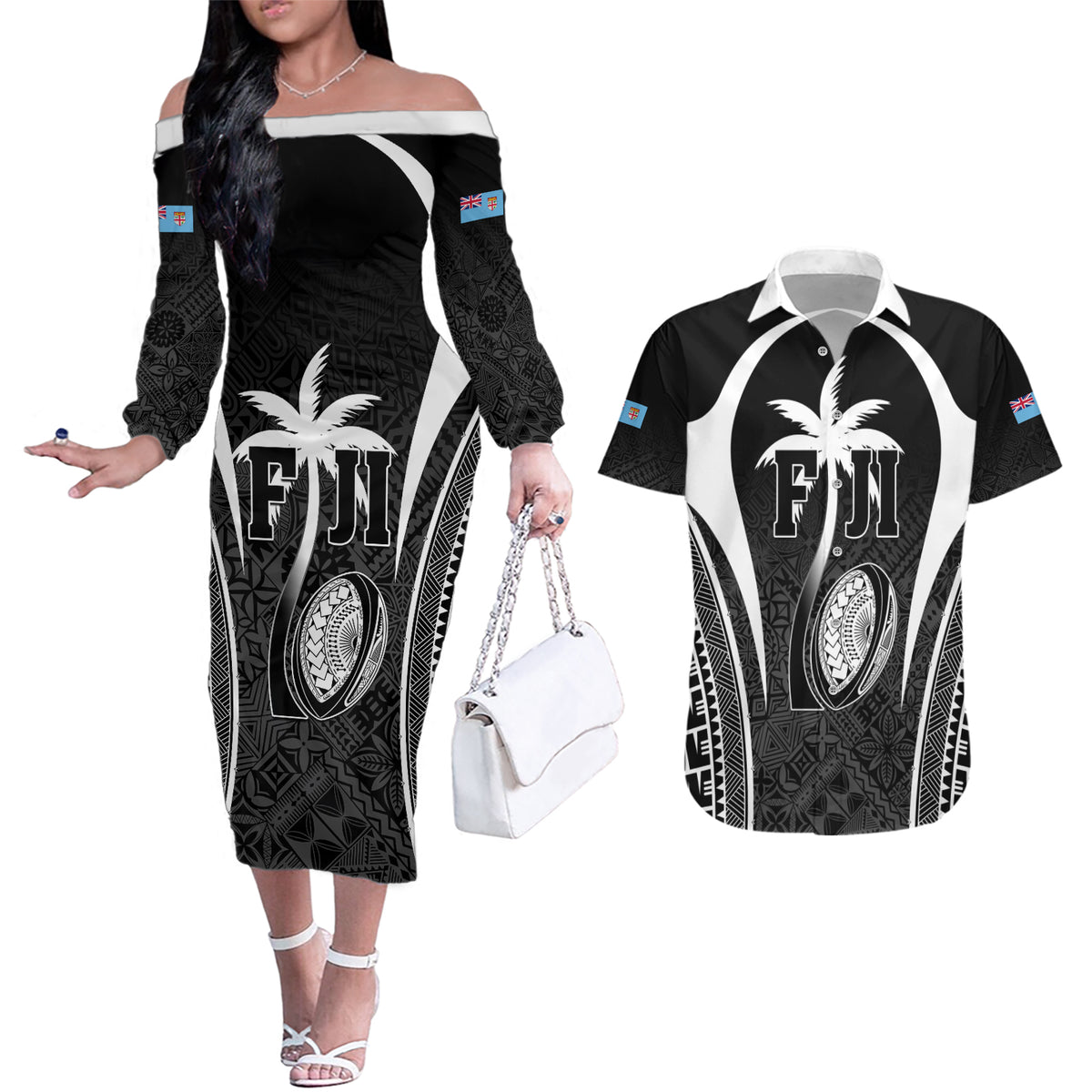 Custom Fiji Rugby Couples Matching Off The Shoulder Long Sleeve Dress and Hawaiian Shirt Fijian Warrior Black LT05 Black - Polynesian Pride