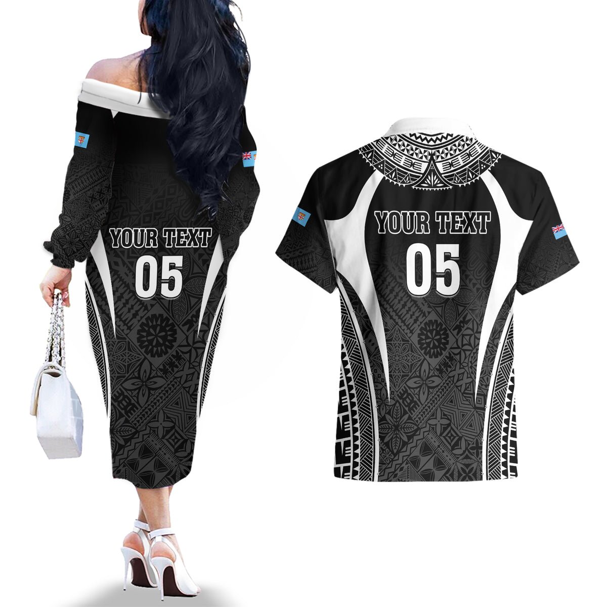 Custom Fiji Rugby Couples Matching Off The Shoulder Long Sleeve Dress and Hawaiian Shirt Fijian Warrior Black LT05 - Polynesian Pride