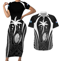 Custom Fiji Rugby Couples Matching Short Sleeve Bodycon Dress and Hawaiian Shirt Fijian Warrior Black LT05 Black - Polynesian Pride