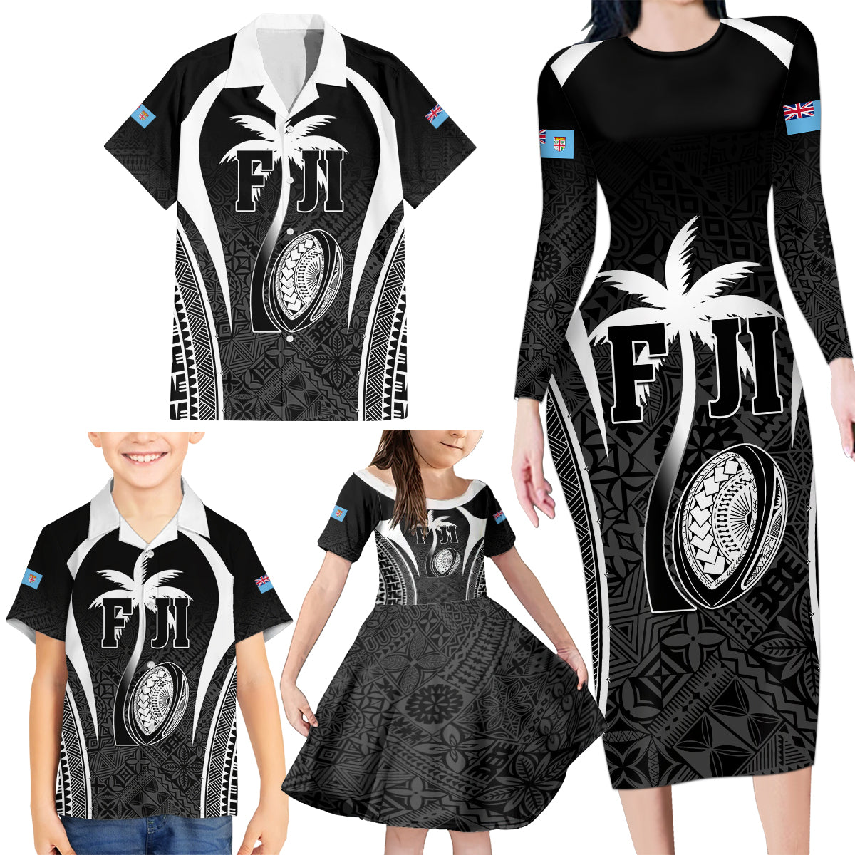 Custom Fiji Rugby Family Matching Long Sleeve Bodycon Dress and Hawaiian Shirt Fijian Warrior Black LT05 - Polynesian Pride