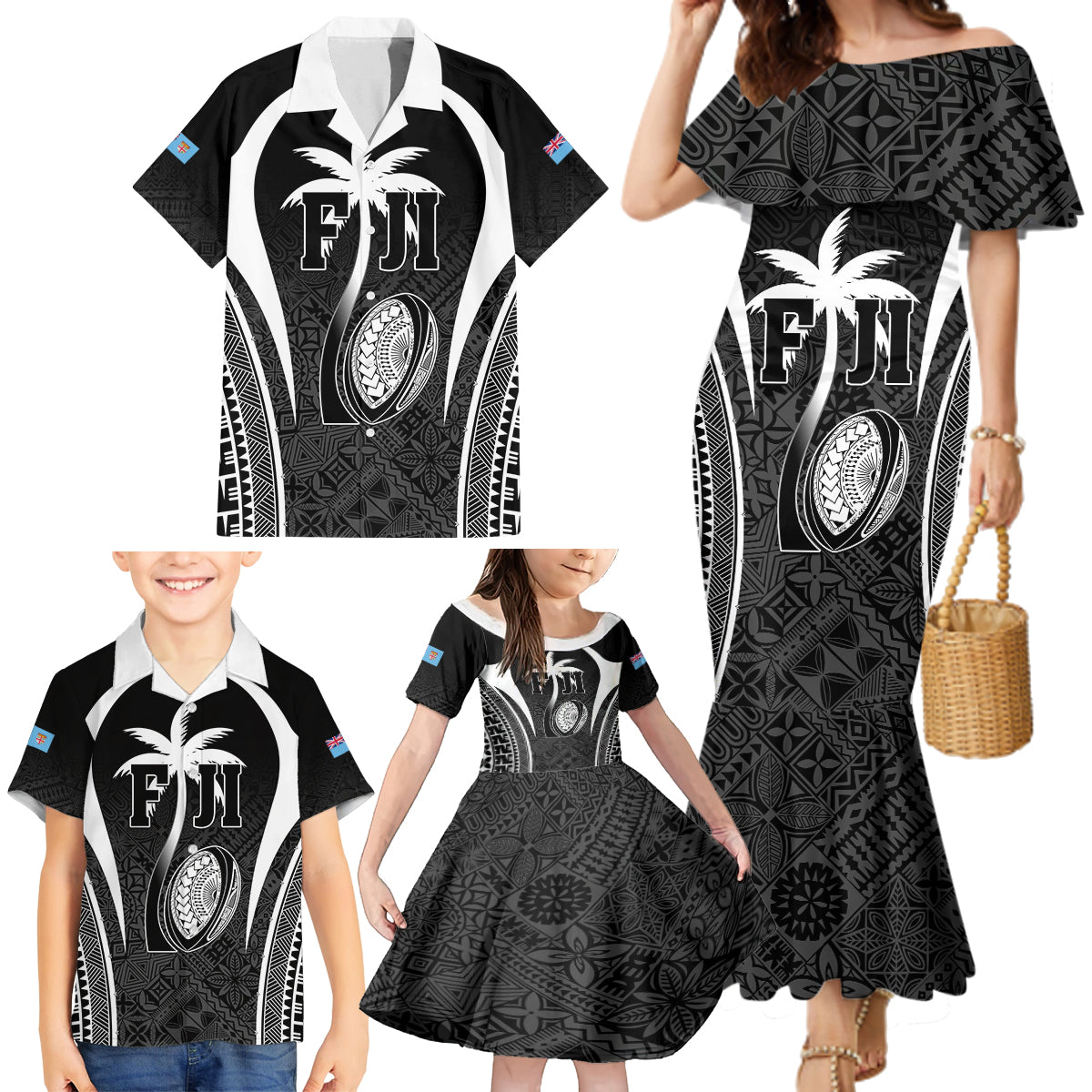 Custom Fiji Rugby Family Matching Mermaid Dress and Hawaiian Shirt Fijian Warrior Black LT05 - Polynesian Pride