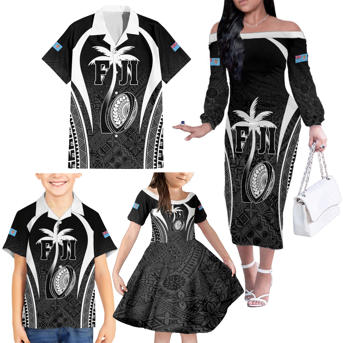 Custom Fiji Rugby Family Matching Off The Shoulder Long Sleeve Dress and Hawaiian Shirt Fijian Warrior Black LT05 - Polynesian Pride
