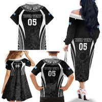 Custom Fiji Rugby Family Matching Off The Shoulder Long Sleeve Dress and Hawaiian Shirt Fijian Warrior Black LT05 - Polynesian Pride