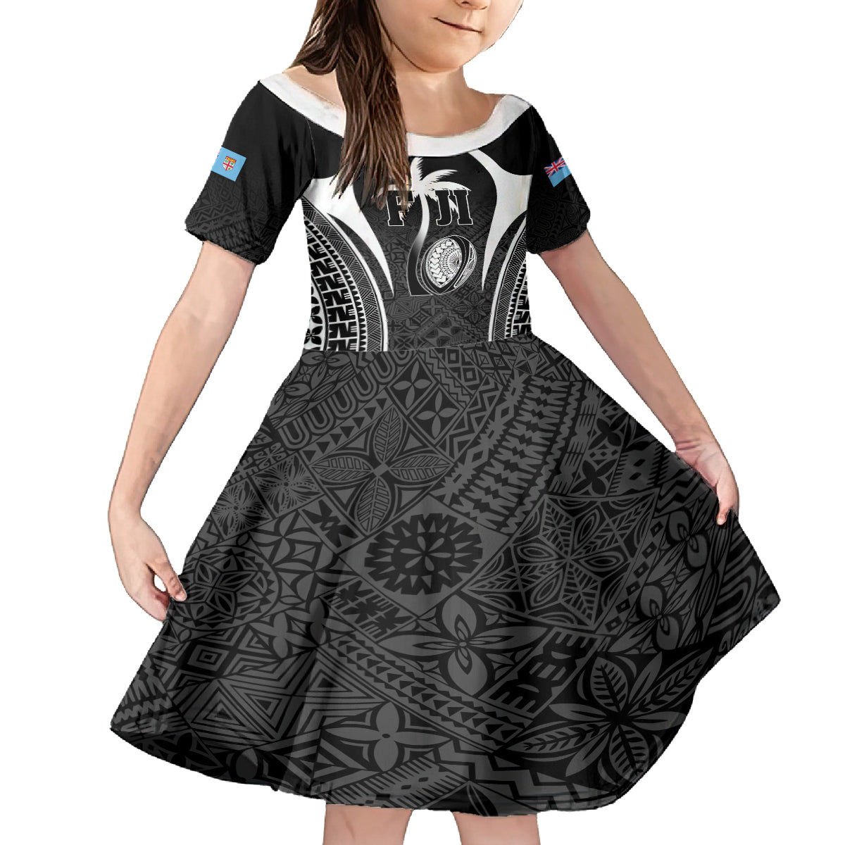 Custom Fiji Rugby Family Matching Off Shoulder Short Dress and Hawaiian Shirt Fijian Warrior Black LT05 Daughter's Dress Black - Polynesian Pride