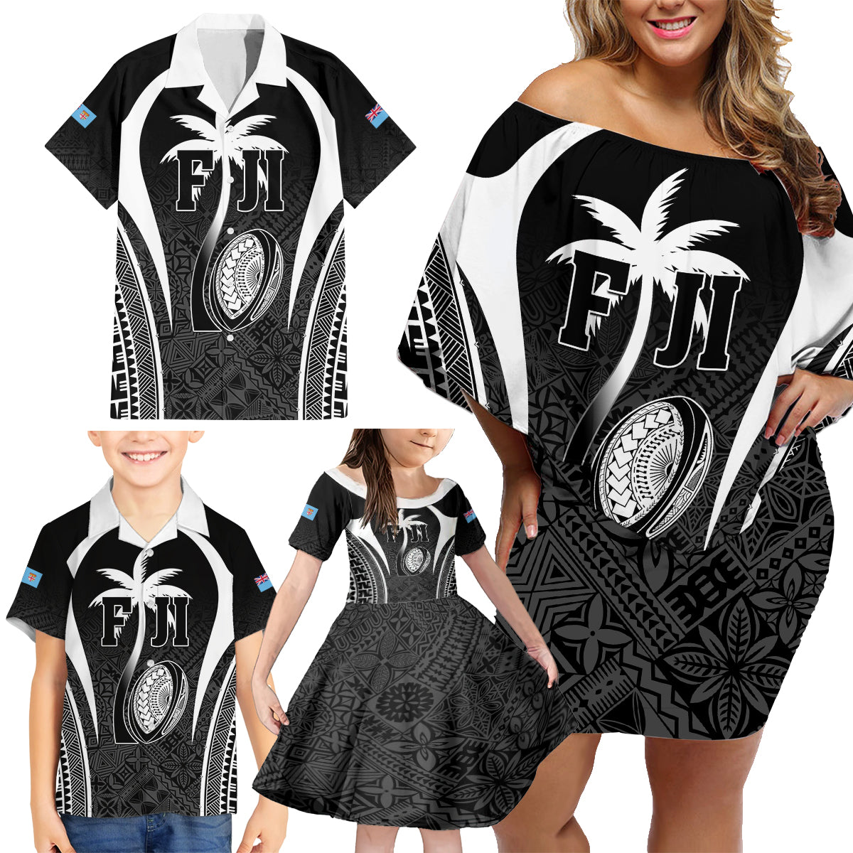 Custom Fiji Rugby Family Matching Off Shoulder Short Dress and Hawaiian Shirt Fijian Warrior Black LT05 - Polynesian Pride