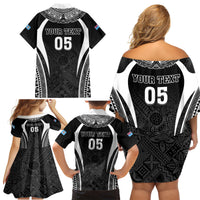 Custom Fiji Rugby Family Matching Off Shoulder Short Dress and Hawaiian Shirt Fijian Warrior Black LT05 - Polynesian Pride
