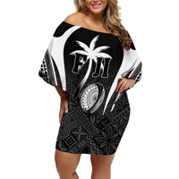 Custom Fiji Rugby Family Matching Off Shoulder Short Dress and Hawaiian Shirt Fijian Warrior Black LT05 Mom's Dress Black - Polynesian Pride