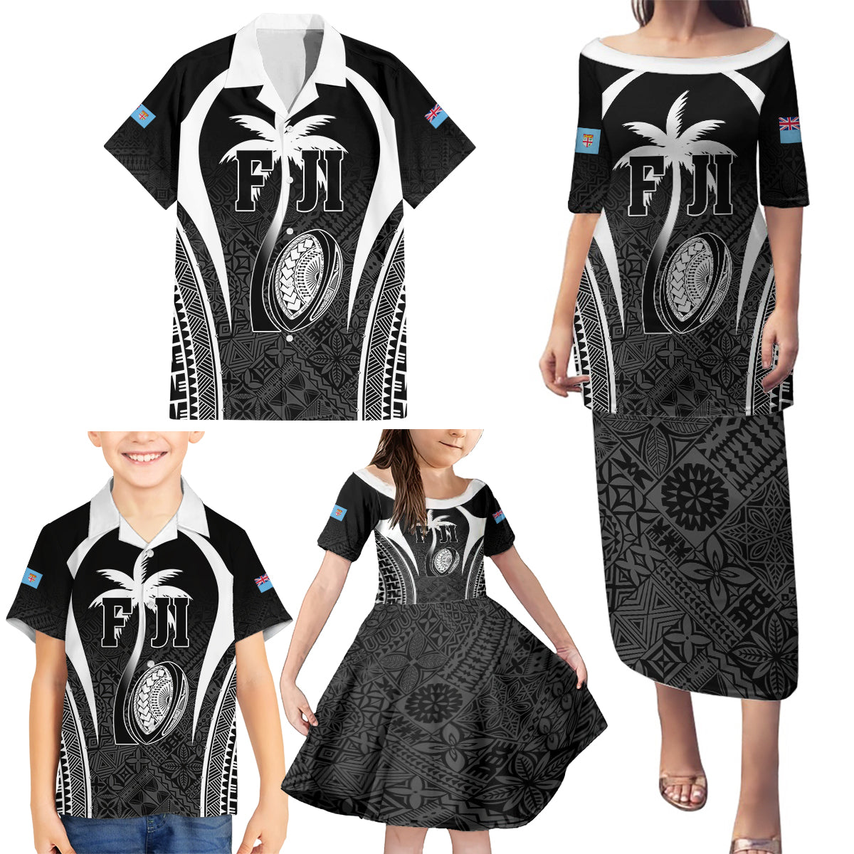 Custom Fiji Rugby Family Matching Puletasi and Hawaiian Shirt Fijian Warrior Black LT05 - Polynesian Pride
