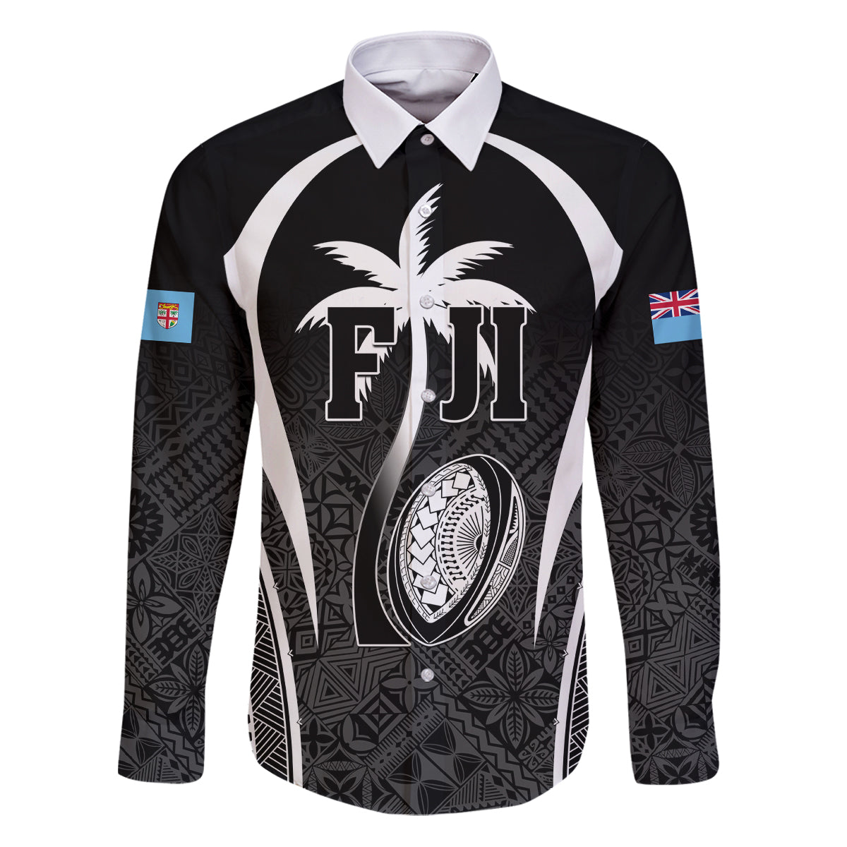 Custom Fiji Rugby Family Matching Puletasi and Hawaiian Shirt Fijian Warrior Black LT05 Dad's Shirt - Long Sleeve Black - Polynesian Pride