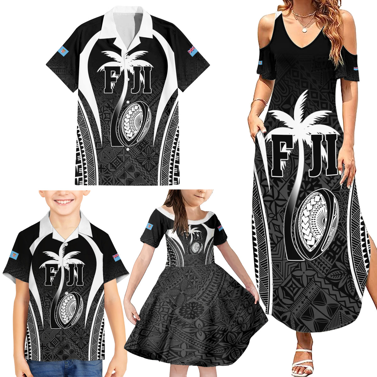 Custom Fiji Rugby Family Matching Summer Maxi Dress and Hawaiian Shirt Fijian Warrior Black LT05 - Polynesian Pride