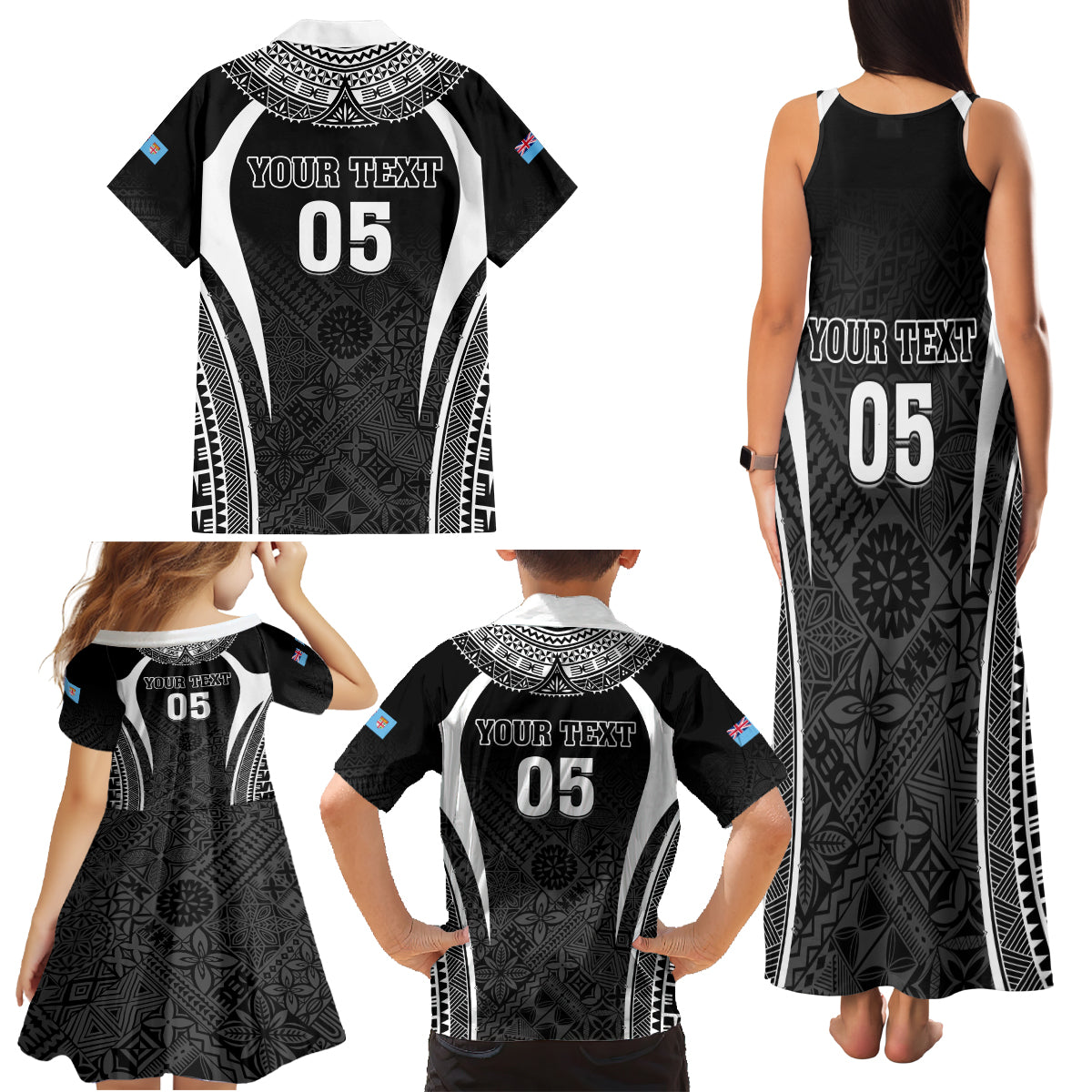 Custom Fiji Rugby Family Matching Tank Maxi Dress and Hawaiian Shirt Fijian Warrior Black LT05 - Polynesian Pride