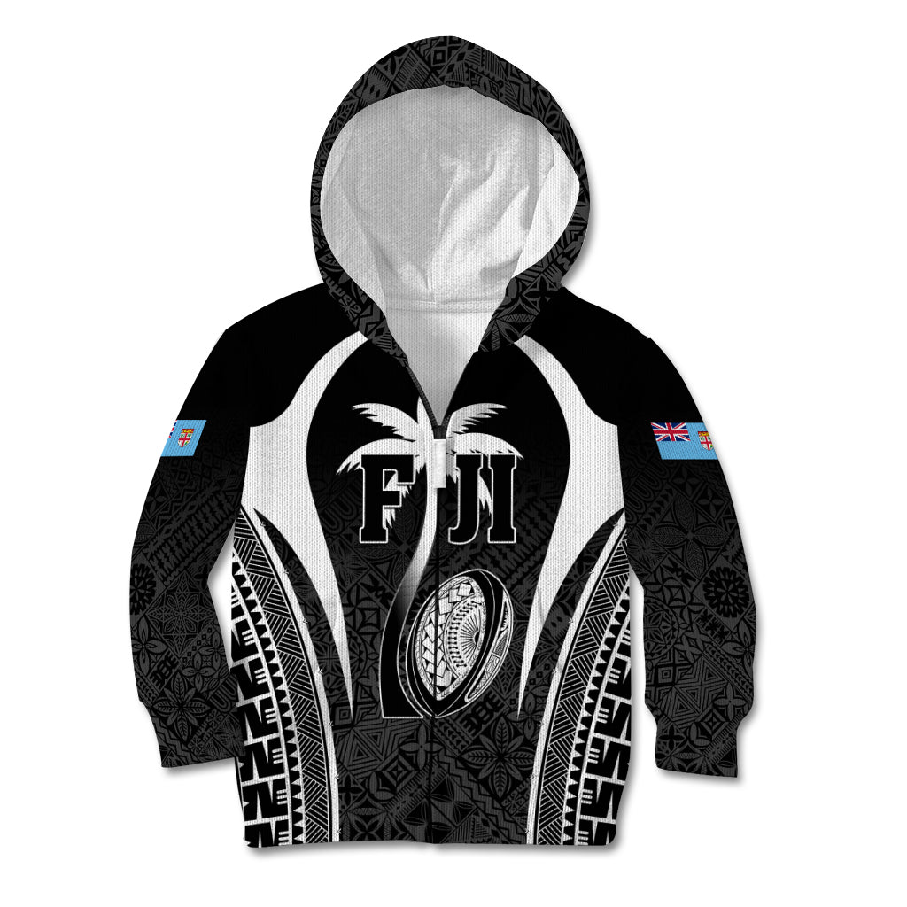 Custom Fiji Rugby Kid Hoodie Fijian Warrior Black LT05 Zip Hoodie Black - Polynesian Pride