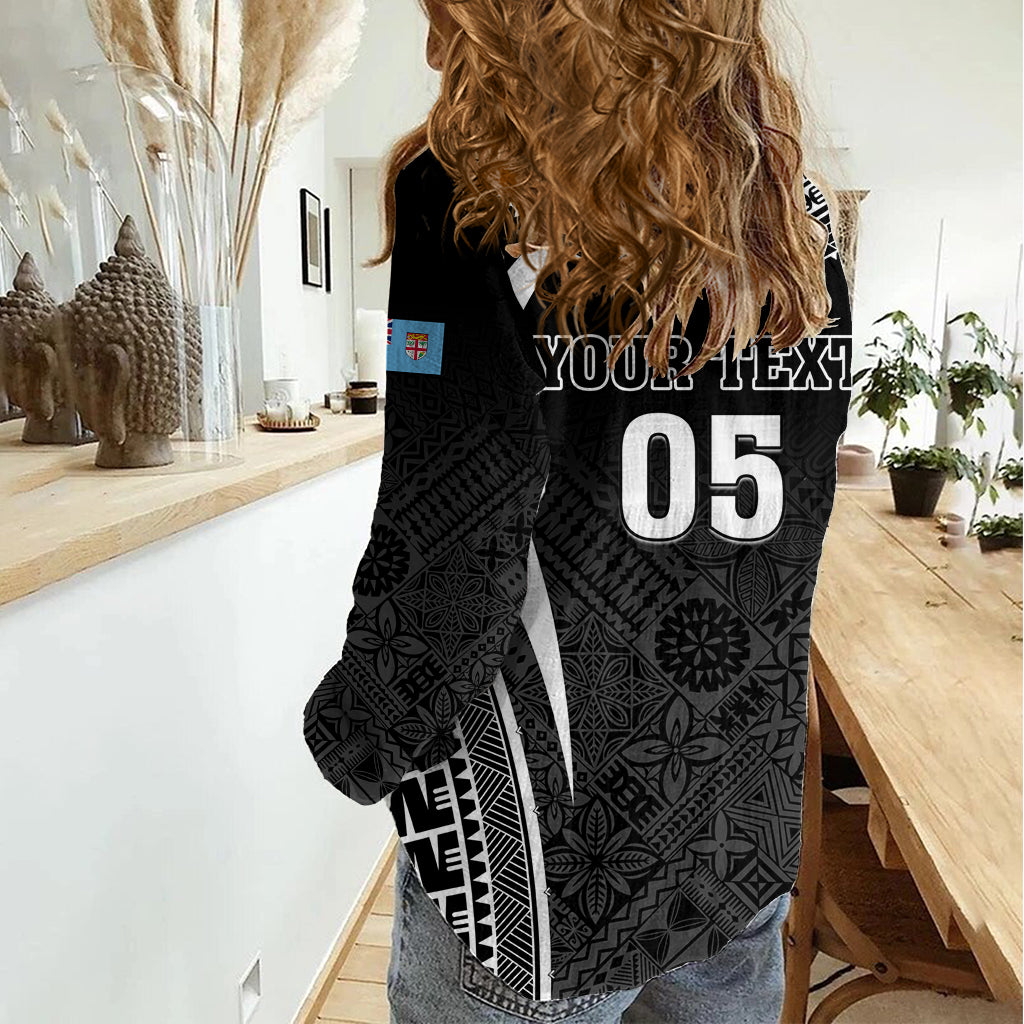 Custom Fiji Rugby Women Casual Shirt Fijian Warrior Black