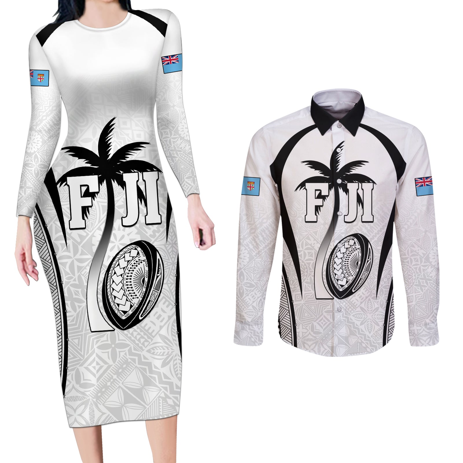 Custom Fiji Rugby Couples Matching Long Sleeve Bodycon Dress and Long Sleeve Button Shirt Fijian Warrior White