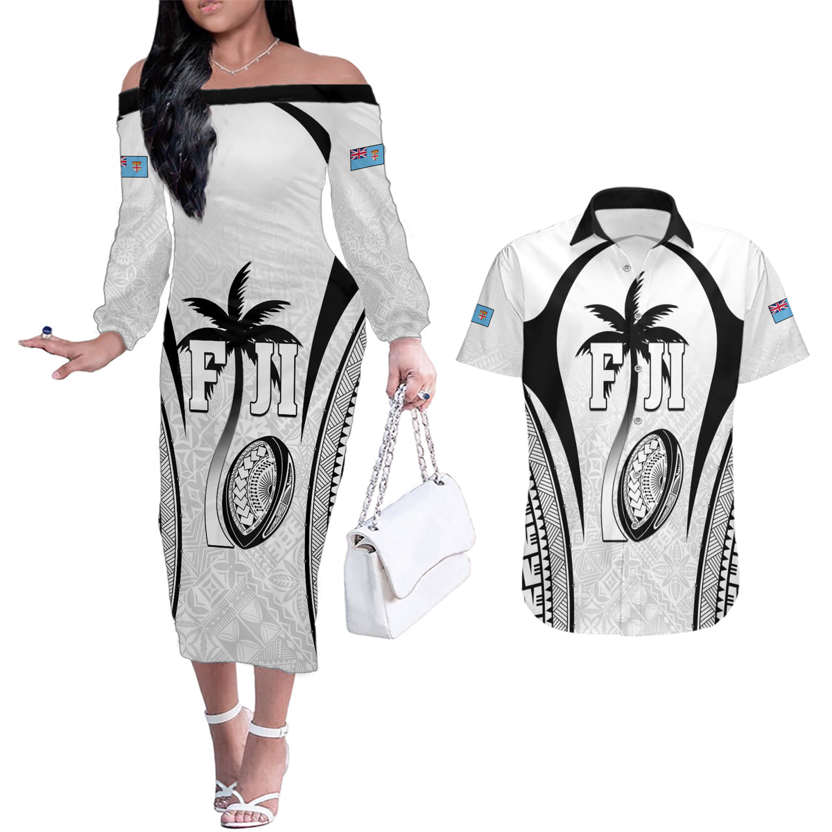 Custom Fiji Rugby Couples Matching Off The Shoulder Long Sleeve Dress and Hawaiian Shirt Fijian Warrior White LT05 White - Polynesian Pride