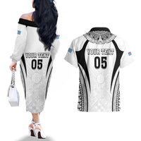 Custom Fiji Rugby Couples Matching Off The Shoulder Long Sleeve Dress and Hawaiian Shirt Fijian Warrior White LT05 - Polynesian Pride