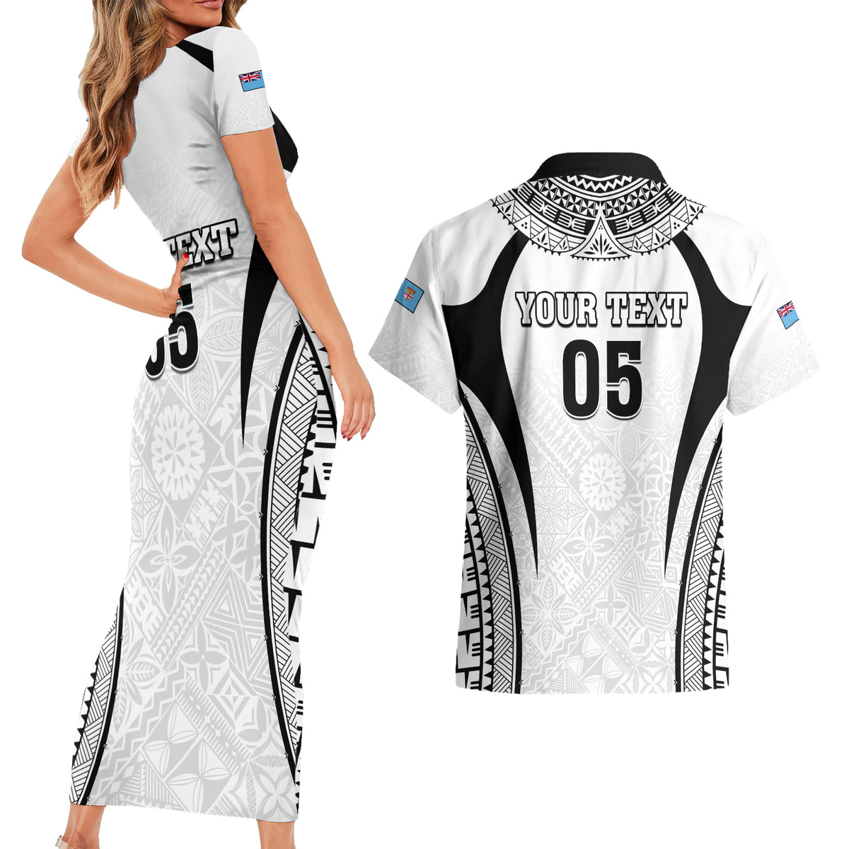 Custom Fiji Rugby Couples Matching Short Sleeve Bodycon Dress and Hawaiian Shirt Fijian Warrior White LT05 - Polynesian Pride