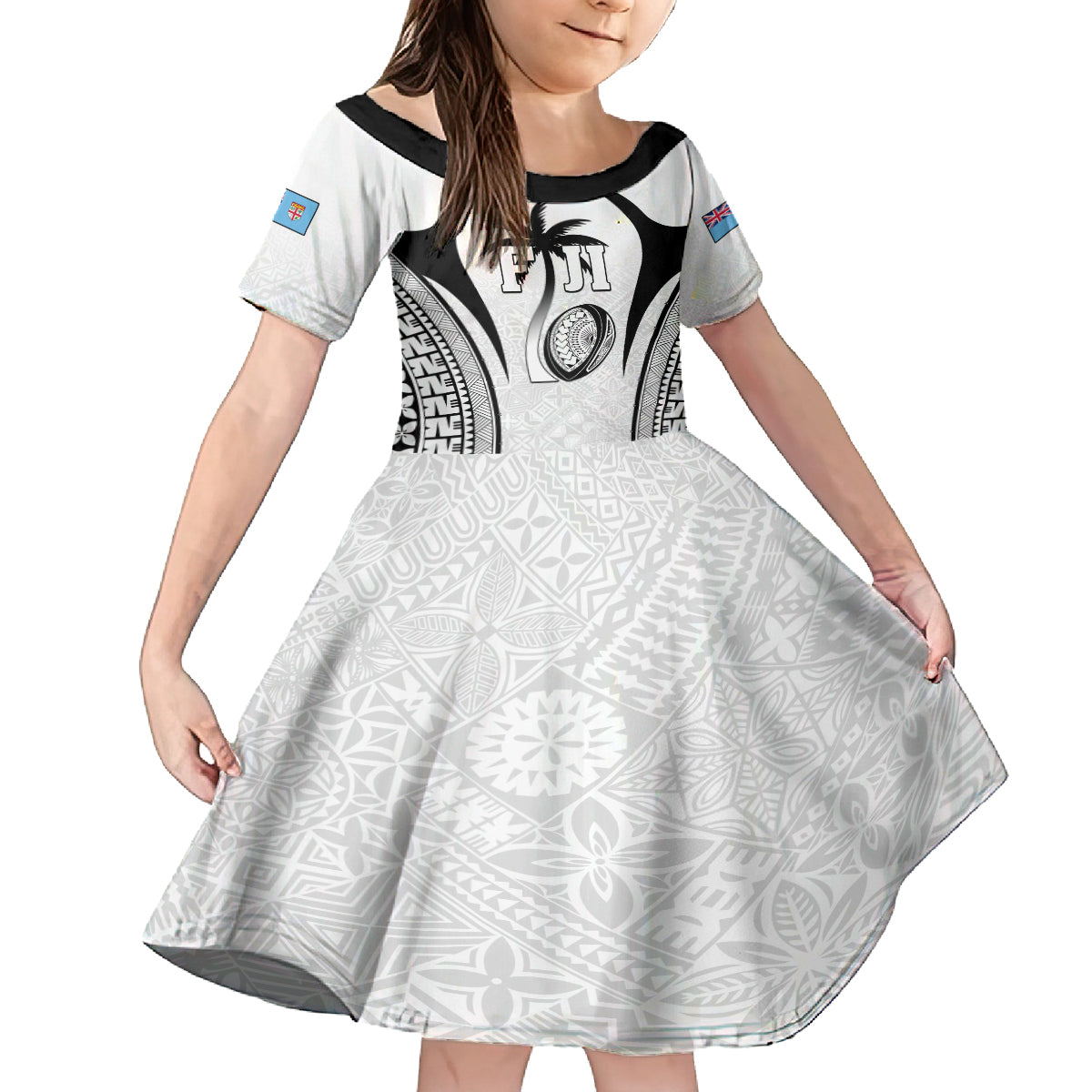 Custom Fiji Rugby Family Matching Long Sleeve Bodycon Dress and Hawaiian Shirt Fijian Warrior White LT05 Daughter's Dress White - Polynesian Pride