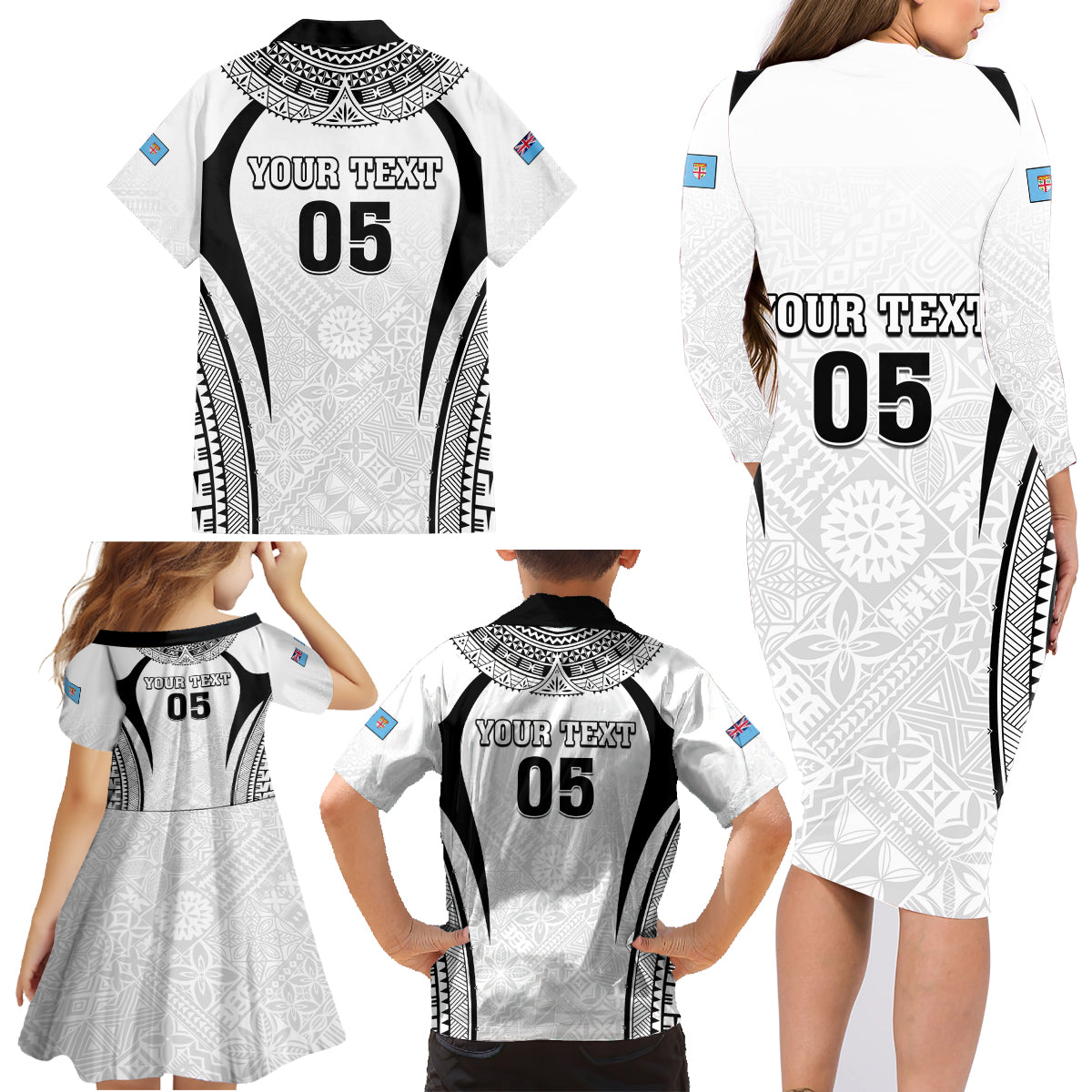 Custom Fiji Rugby Family Matching Long Sleeve Bodycon Dress and Hawaiian Shirt Fijian Warrior White LT05 - Polynesian Pride