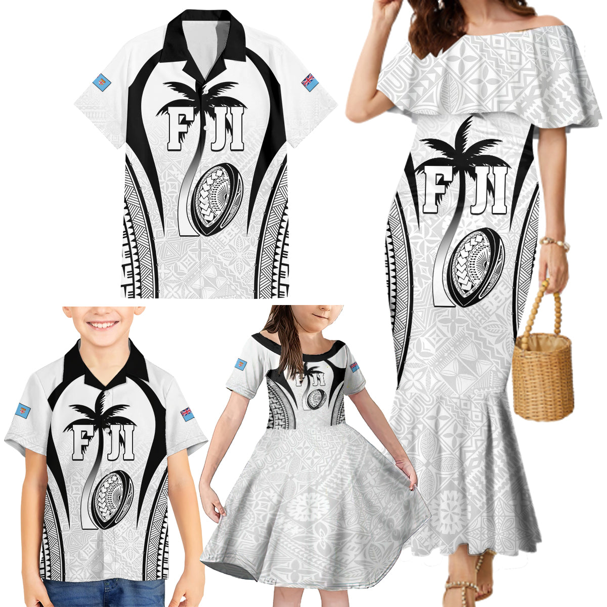 Custom Fiji Rugby Family Matching Mermaid Dress and Hawaiian Shirt Fijian Warrior White LT05 - Polynesian Pride
