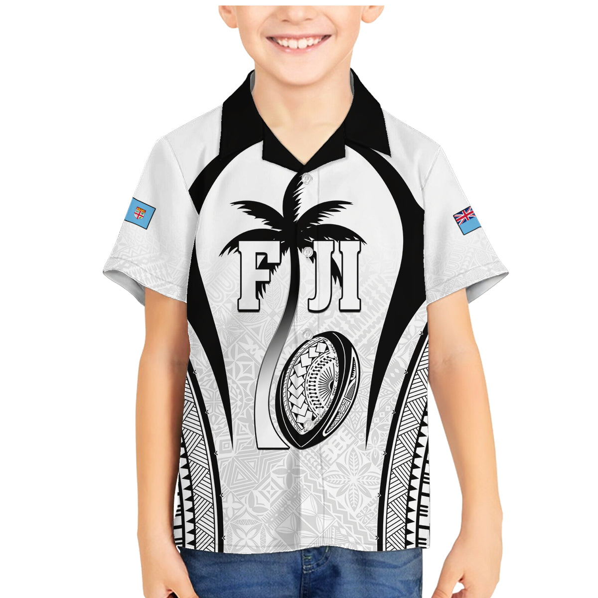Custom Fiji Rugby Family Matching Mermaid Dress and Hawaiian Shirt Fijian Warrior White LT05 Son's Shirt White - Polynesian Pride