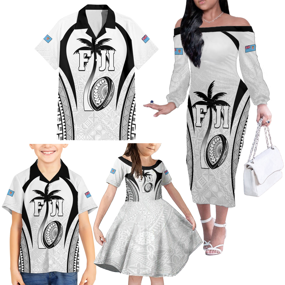 Custom Fiji Rugby Family Matching Off The Shoulder Long Sleeve Dress and Hawaiian Shirt Fijian Warrior White LT05 - Polynesian Pride