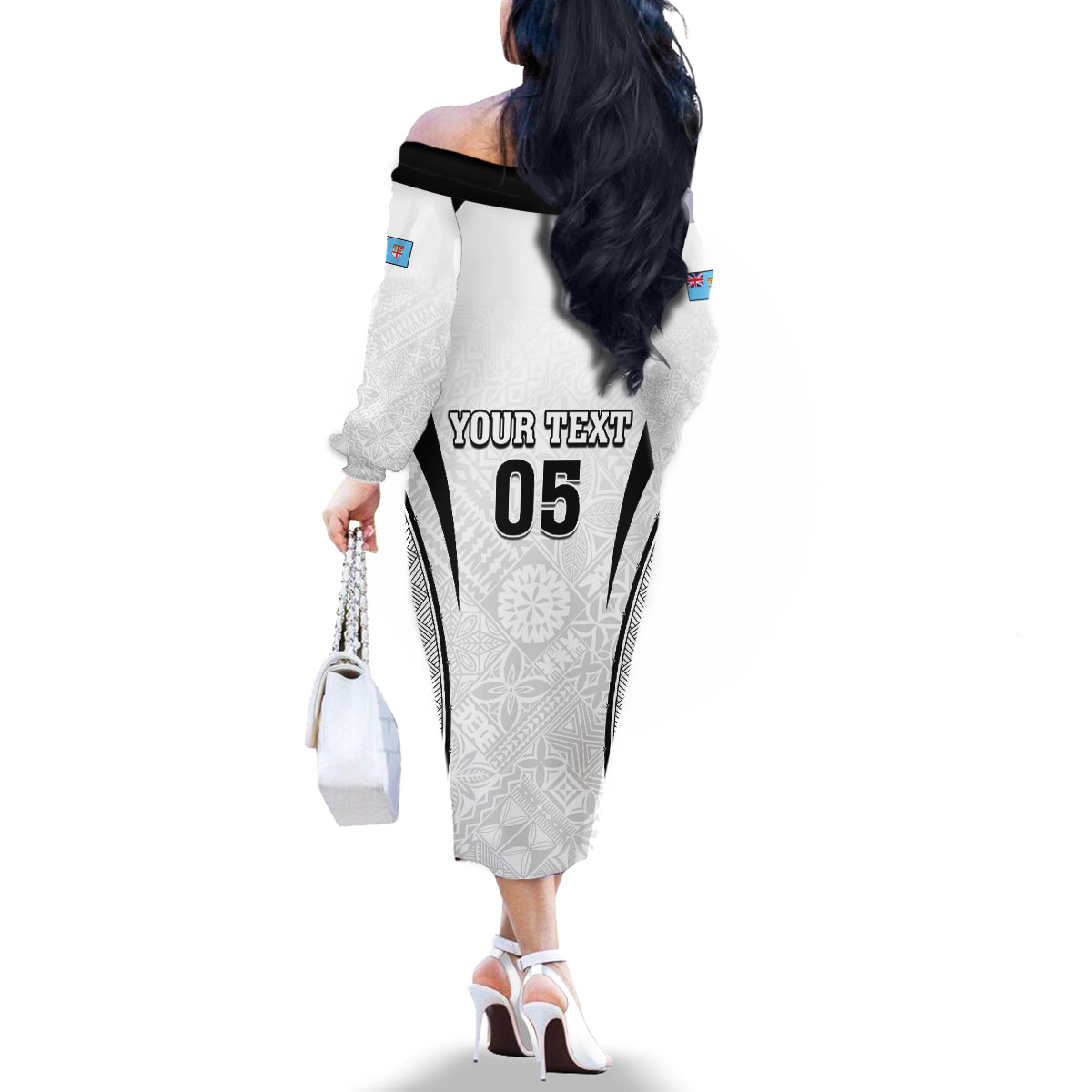 Custom Fiji Rugby Family Matching Off The Shoulder Long Sleeve Dress and Hawaiian Shirt Fijian Warrior White LT05 - Polynesian Pride