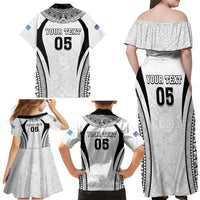 Custom Fiji Rugby Family Matching Off Shoulder Maxi Dress and Hawaiian Shirt Fijian Warrior White