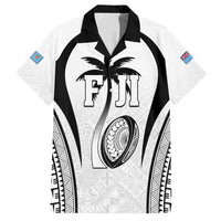 Custom Fiji Rugby Family Matching Off Shoulder Short Dress and Hawaiian Shirt Fijian Warrior White