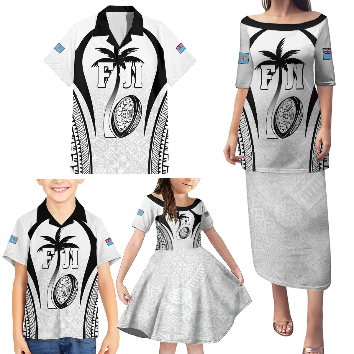 Custom Fiji Rugby Family Matching Puletasi and Hawaiian Shirt Fijian Warrior White LT05 - Polynesian Pride