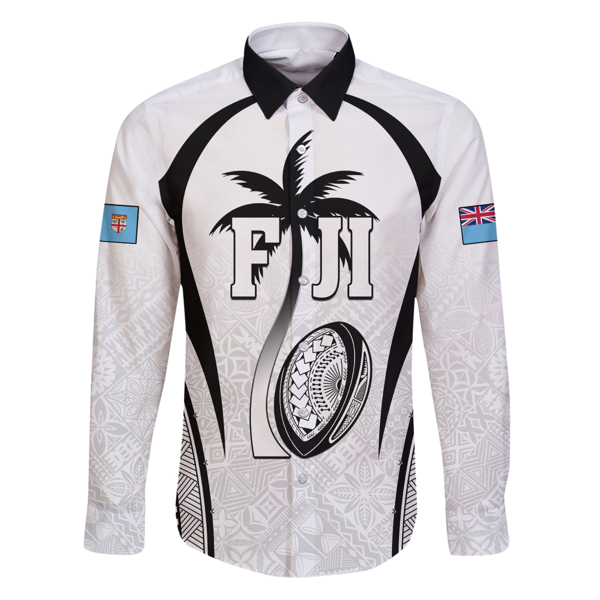 Custom Fiji Rugby Family Matching Puletasi and Hawaiian Shirt Fijian Warrior White LT05 Dad's Shirt - Long Sleeve White - Polynesian Pride