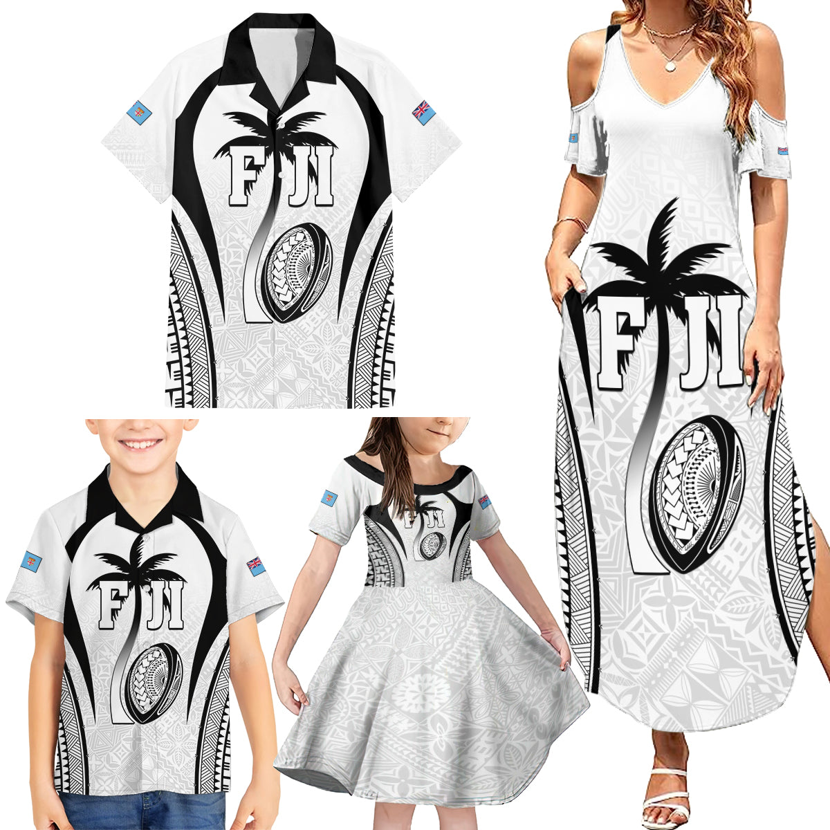 Custom Fiji Rugby Family Matching Summer Maxi Dress and Hawaiian Shirt Fijian Warrior White LT05 - Polynesian Pride