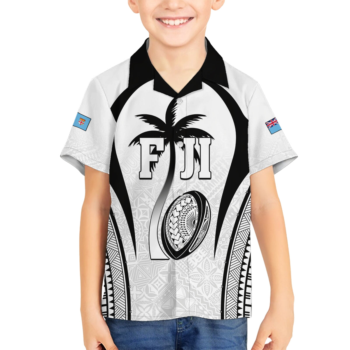 Custom Fiji Rugby Family Matching Summer Maxi Dress and Hawaiian Shirt Fijian Warrior White LT05 Son's Shirt White - Polynesian Pride