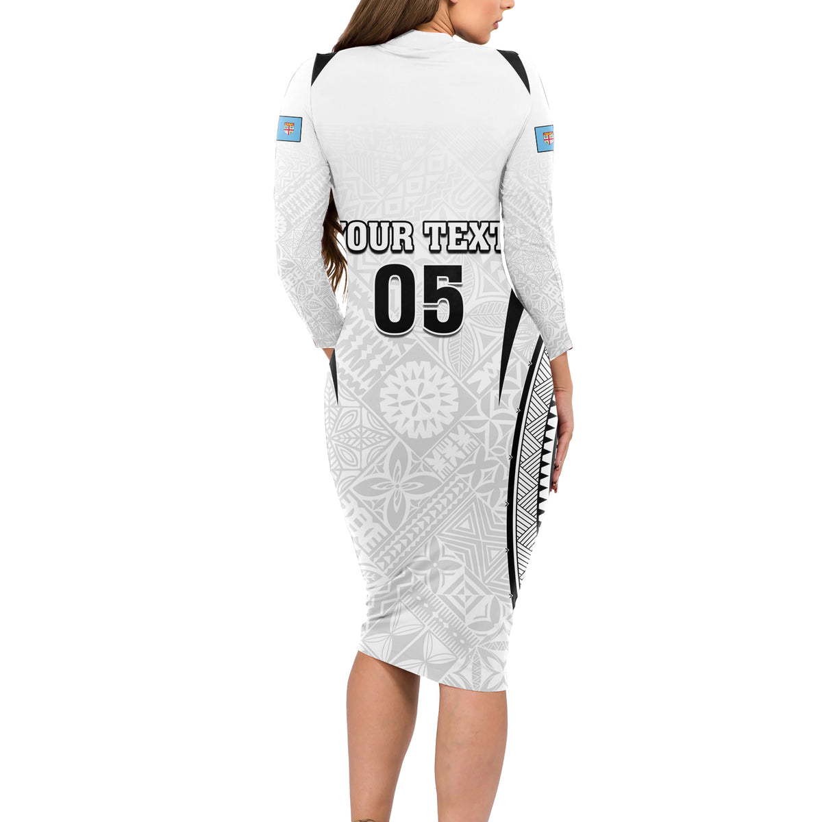 Custom Fiji Rugby Long Sleeve Bodycon Dress Fijian Warrior White LT05 - Polynesian Pride