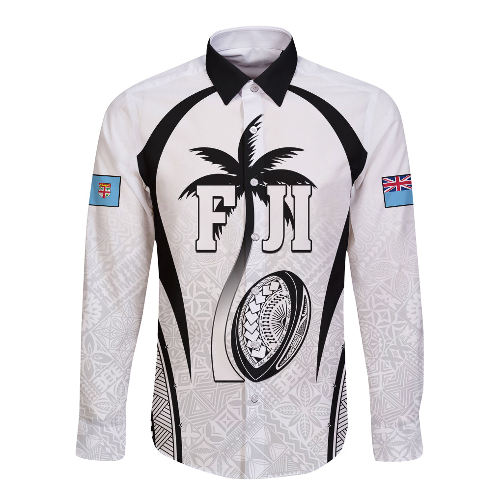 Custom Fiji Rugby Long Sleeve Button Shirt Fijian Warrior White