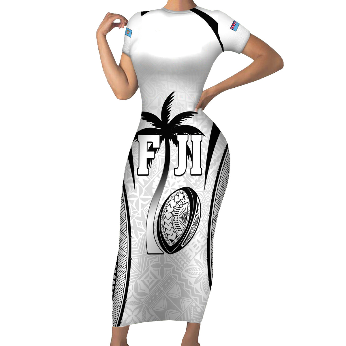 Custom Fiji Rugby Short Sleeve Bodycon Dress Fijian Warrior White LT05 Long Dress White - Polynesian Pride