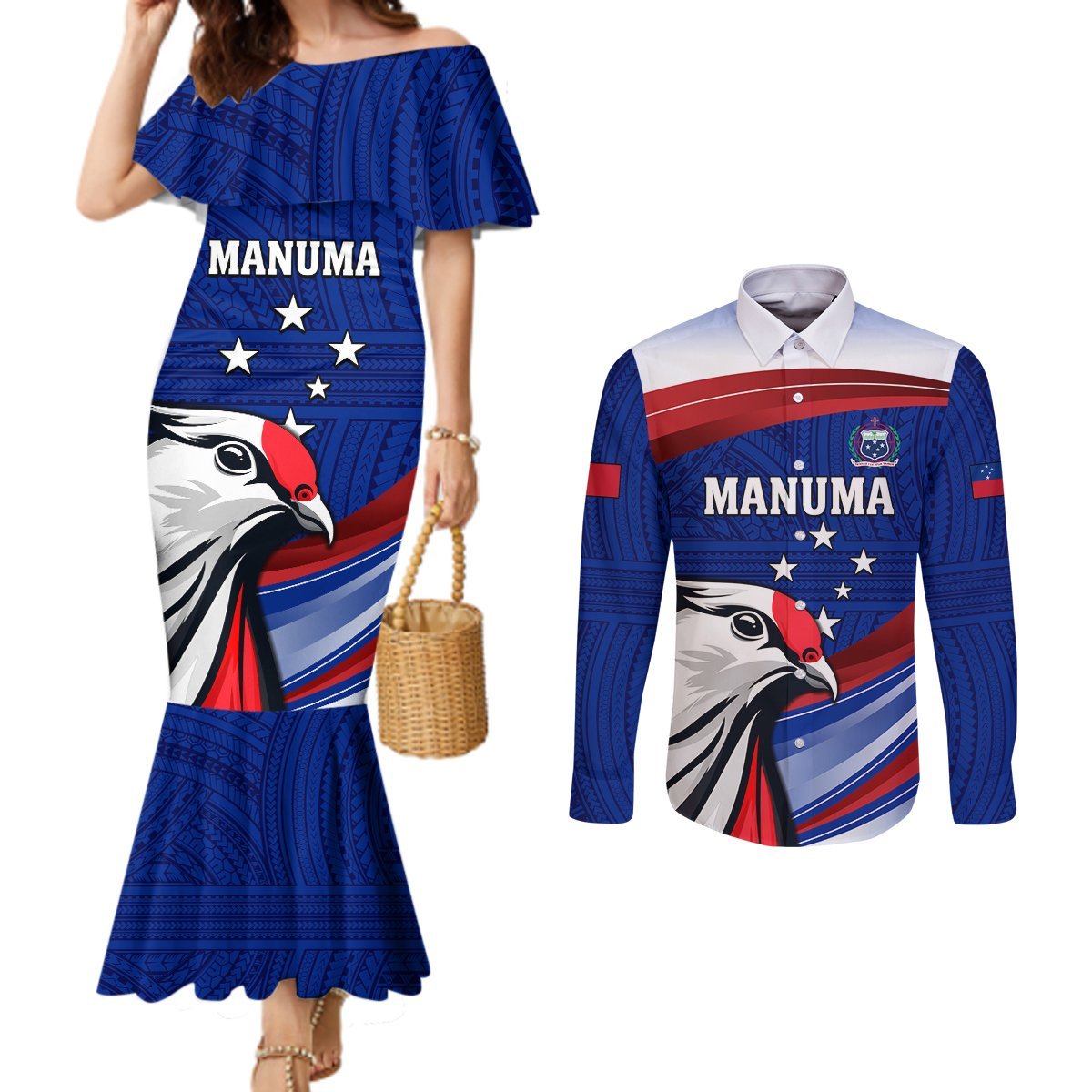 Custom Samoa Rugby Couples Matching Mermaid Dress and Long Sleeve Button Shirt Manuma Ptilinopus Perousii LT05 Blue - Polynesian Pride