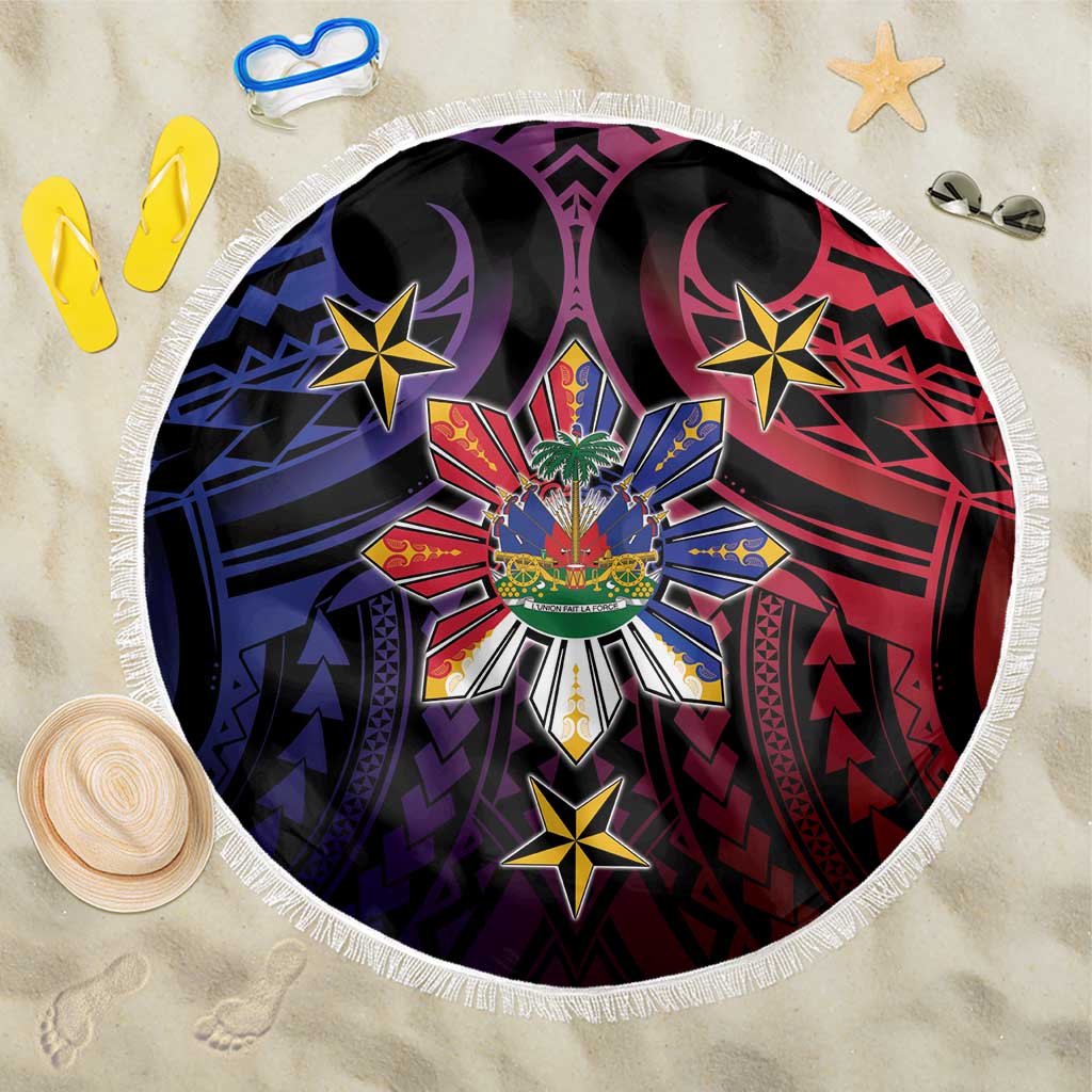 Haiti Philippines Beach Blanket Haitian Coat Of Arms With Filipino Sun LT05 One Size 150cm Black - Polynesian Pride