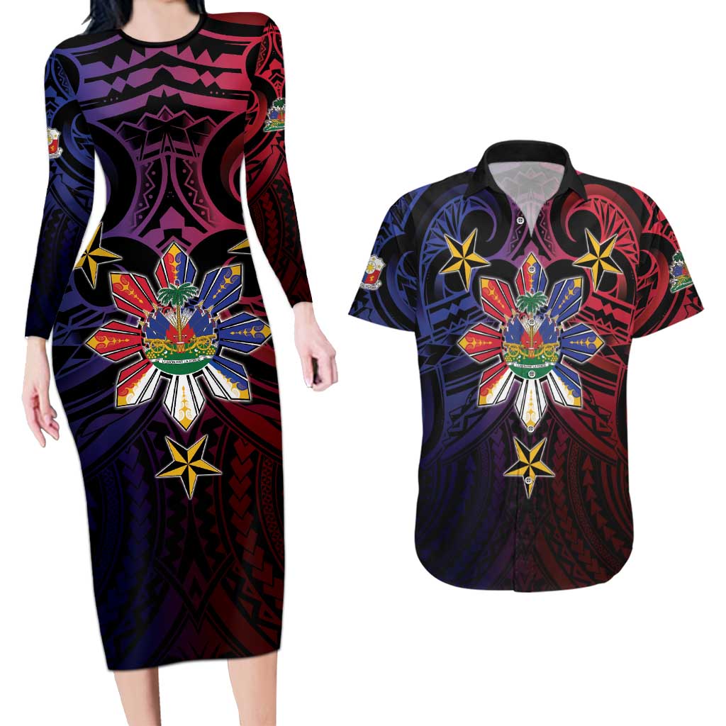 Haiti Philippines Couples Matching Long Sleeve Bodycon Dress and Hawaiian Shirt Haitian Coat Of Arms With Filipino Sun