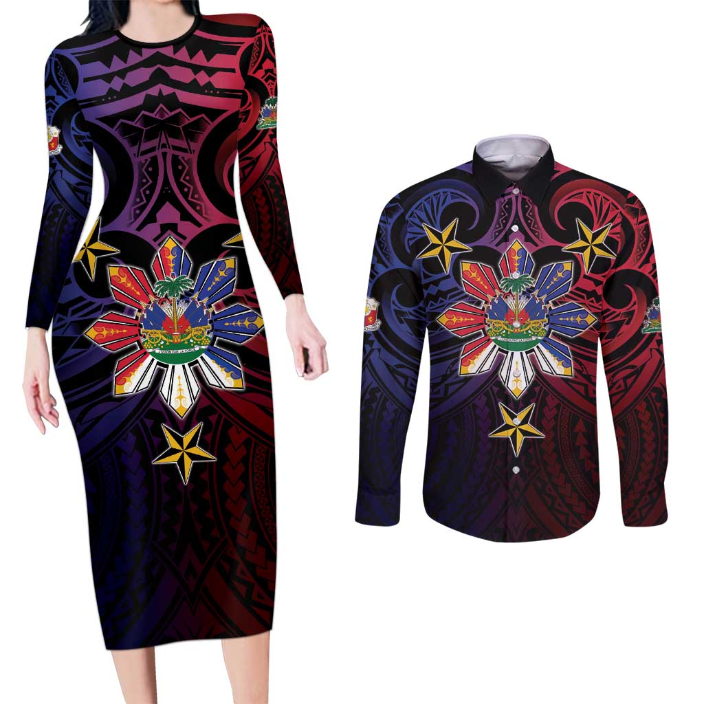 Haiti Philippines Couples Matching Long Sleeve Bodycon Dress and Long Sleeve Button Shirt Haitian Coat Of Arms With Filipino Sun LT05 Black - Polynesian Pride