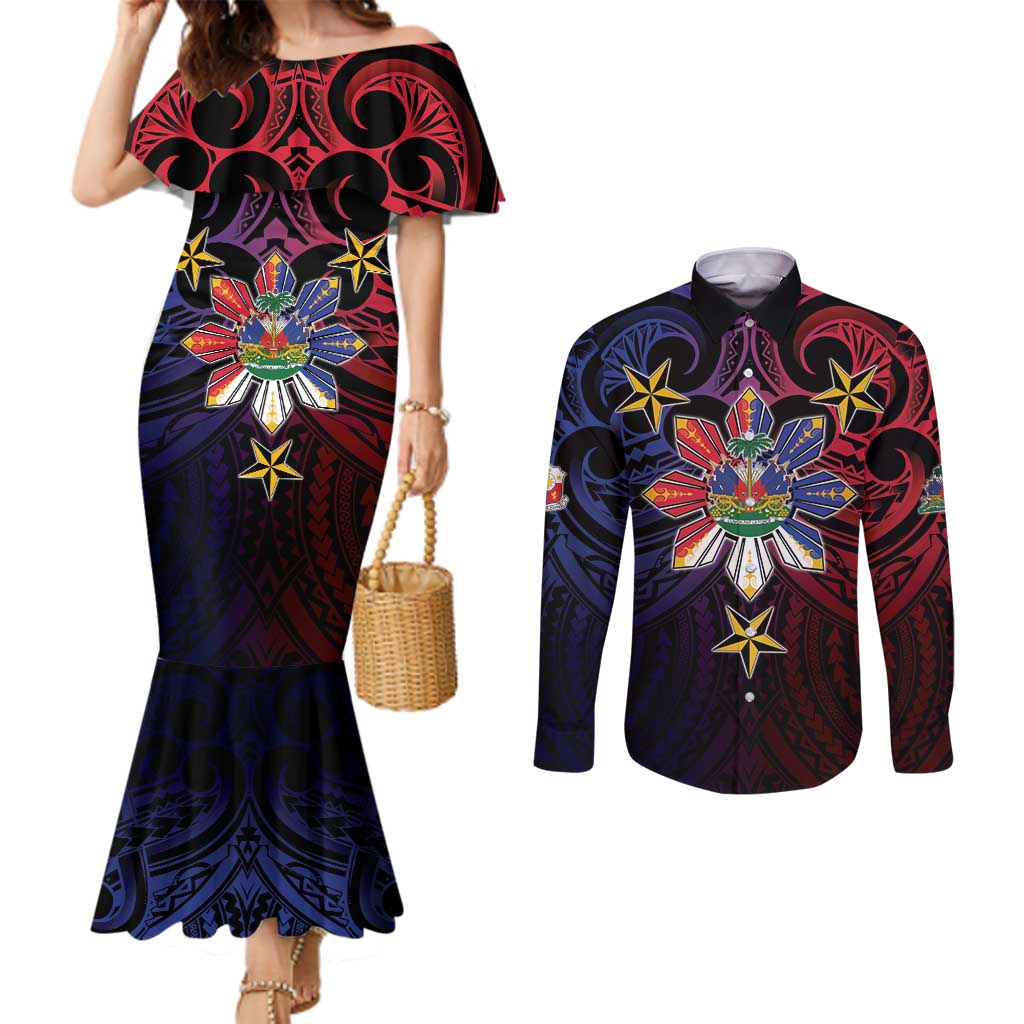 Haiti Philippines Couples Matching Mermaid Dress and Long Sleeve Button Shirt Haitian Coat Of Arms With Filipino Sun LT05 Black - Polynesian Pride