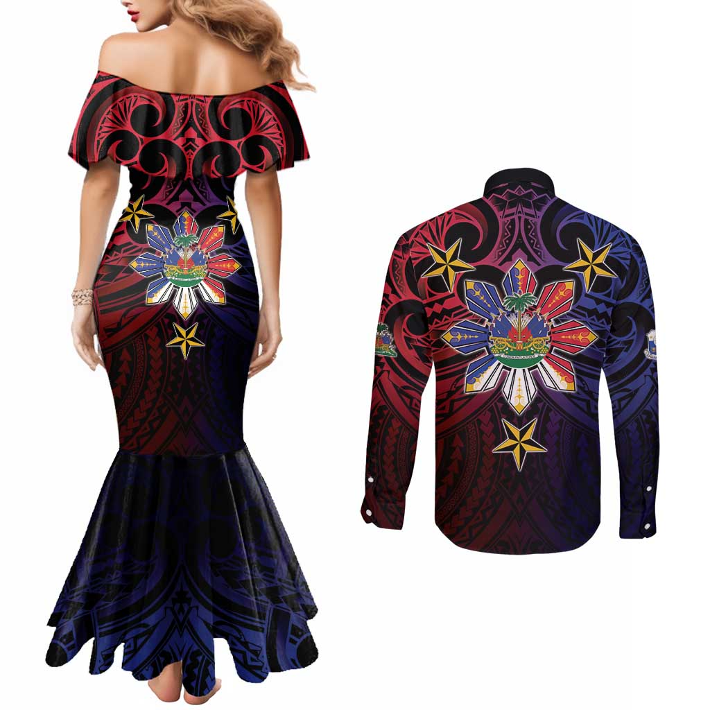 Haiti Philippines Couples Matching Mermaid Dress and Long Sleeve Button Shirt Haitian Coat Of Arms With Filipino Sun LT05 - Polynesian Pride