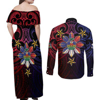 Haiti Philippines Couples Matching Off Shoulder Maxi Dress and Long Sleeve Button Shirt Haitian Coat Of Arms With Filipino Sun LT05 - Polynesian Pride