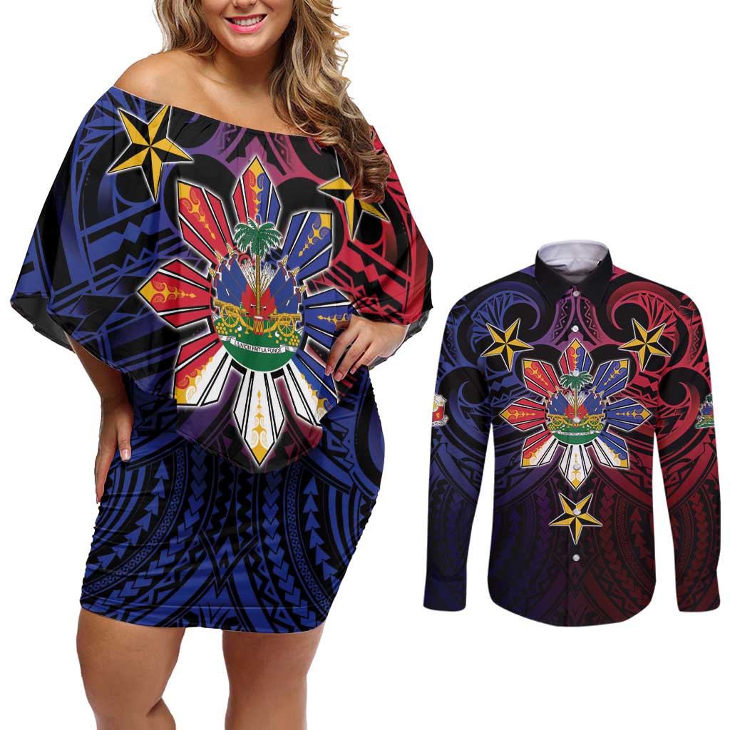 Haiti Philippines Couples Matching Off Shoulder Short Dress and Long Sleeve Button Shirt Haitian Coat Of Arms With Filipino Sun LT05 Black - Polynesian Pride